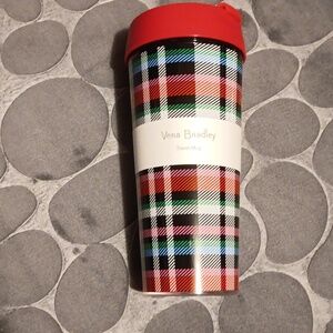 Vera Bradley Travel Mug Ribbon Plaid Red Lid Black White Blue 16 Ounces Cup NWT